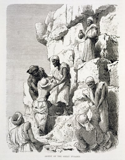 Ascent of the Great Pyramid, 1800-tallet (gravering på papir) af Johann Rudolph the Elder Huber