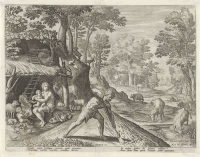 Adam og Eva på arbejde uden for det jordiske paradis Historien om Kains familie / Om gode og dårlige værker (serietitel) Boni et mali scientia (serietitel) af Johann Sadeler (I)