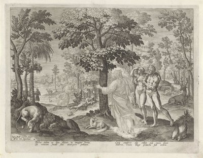 Adam og Eva i paradis Historien om Kains familie / Om gode og dårlige værker (serietitel) Boni et mali scientia (serietitel) af Johann Sadeler (I)