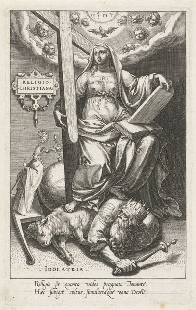 Kristen religion (Religio Christiana) overvinder afgudsdyrkelse (Idolatria) Religion Christiana (titel på objekt) Dyderne erobrer lasterne (serietitel) af Johann Sadeler (I)