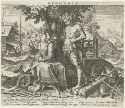 Tyskland med Ceres og Bacchus Germania (titel på objekt) Allegoriske fremstillinger af europæiske lande (serietitel) af Johann Sadeler (I)