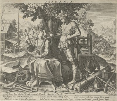 Tyskland med Ceres og Bacchus Germania (titel på objekt) Allegoriske fremstillinger af europæiske lande (serietitel) af Johann Sadeler (I)