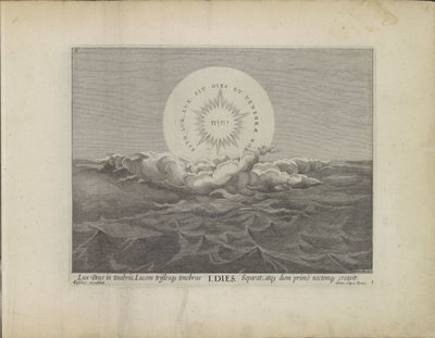 Første scheppingsdag: scheiding van licht en darknessen Schepping van de wereld (serietitel) Dette er det bibelske teater for det gamle og det nye testamentes hellige historie udtrykt i bronzeplader (serietitel) af Johann Sadeler (I)