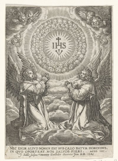 Engle tilbeder Kristi monogram af Johann Sadeler (I)