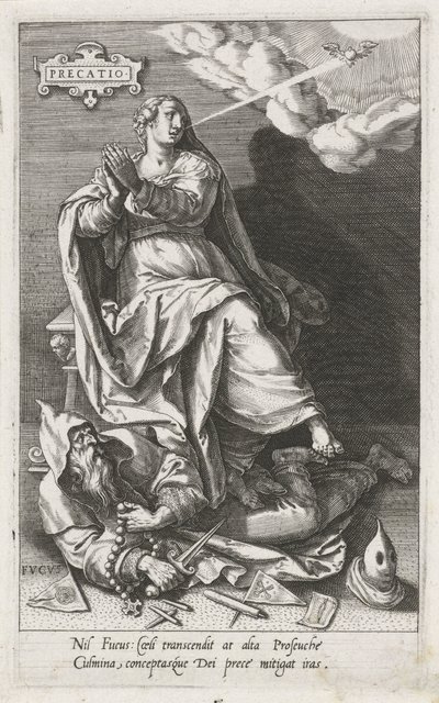 Bøn (Precatio) overvinder hykleri (Fucus) Precatio (titel på objekt) Dyderne erobrer lasterne (serietitel) af Johann Sadeler (I)