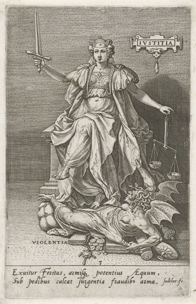 Retfærdighed (Justitia) overvinder vold (Violentia) Retfærdighed (titel på objekt) Dyderne erobrer lasterne (serietitel) af Johann Sadeler (I)