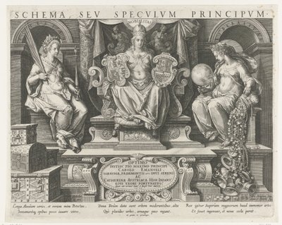 Autoritet (Potestas), Prestige (Nobilitas) og Velvilje (Liberalitas) Titeltryk til en serie om en prinss kvaliteter Prinsens vigtigste aktiviteter (serietitel) Schema, seu speculum principum (serietitel) Skema, sev specvlvm af Johann Sadeler (I)