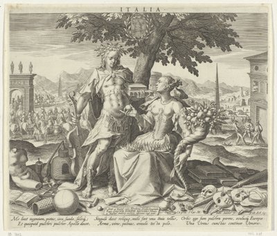 Italien, med Venus og Apollo Italien (titel på objekt) Allegoriske fremstillinger af europæiske lande (serietitel) af Johann Sadeler (I)