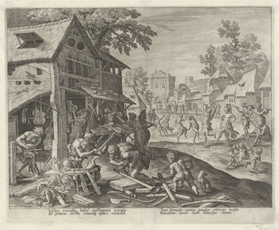 Jubal og hans familie laver musikinstrumenter Historien om Kains familie / Om gode og dårlige værker (serietitel) Boni et mali scientia (serietitel) af Johann Sadeler (I)