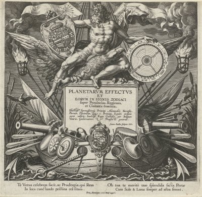 Jupiter en en krigsschip med våbenet af Alessandro Farnese Titelprent van een prentserie over de indflydelse van de planeten over streken Effekter af planeterne og deres tegn i stjernetegn (serietitel) Planetarvm effectvs og eorvm i stjernetegnene (ser af Johann Sadeler (I)