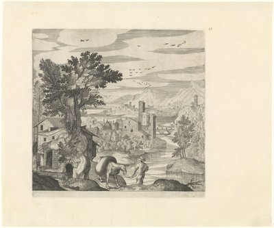 Landskab med en bonde og hans æsel Italienske landskaber (serietitel) af Johann Sadeler (I)