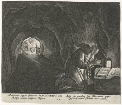 Macarius af Egypten som eremit Mandlige eremitter (serietitel) Solitudo Sive Vitae Patrum Eremicolarum (serietitel) af Johann Sadeler (I)
