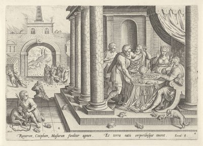Frøernes og myggenes plage Historien om Moses før udvandringen (serietitel) Historia plagarum i Aegijpto (serietitel) af Johann Sadeler (I)