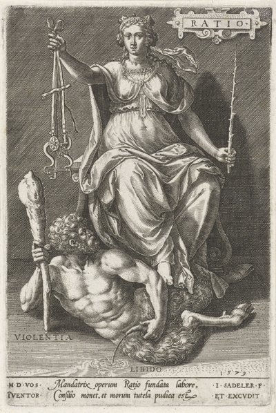 Fornuft (forhold) overvinder Violentia (Violentia) Forhold (titel på objekt) Dyderne erobrer lasterne (serietitel) af Johann Sadeler (I)