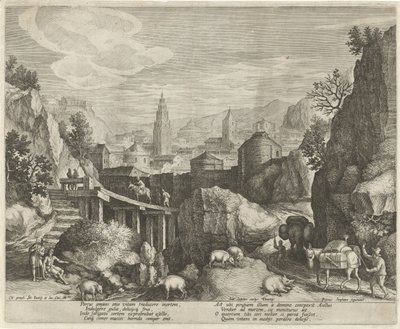 Klippelandskab med fabelen om æslet og vildsvinet Emblemer i et landskab (serietitel) af Johann Sadeler (I)
