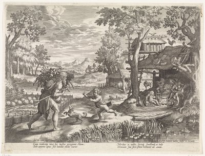 Set hilser på Adam, når han vender tilbage fra marken Historien om Sets familie / Bedømme de gode og de dårlige (serietitel) Bonorum et Malorum consensio (serietitel) af Johann Sadeler (I)