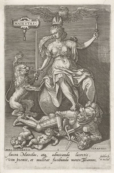 Værdighed (Majestas) overvinder Tyranni (Tyrannier) Maiestas (titel på objekt) Dyderne erobrer lasterne (serietitel) af Johann Sadeler (I)