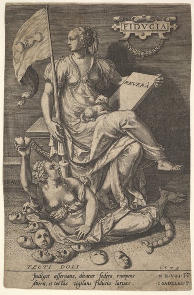 Fiducia, en siddende kvinde holder en bog og et banner, mens hun drejer hovedet væk fra en bar-br..., 1579. af Johann Sadeler I