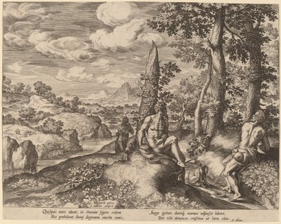 Landskab med tre nøgne mænd og en hund. af Johann Sadeler I