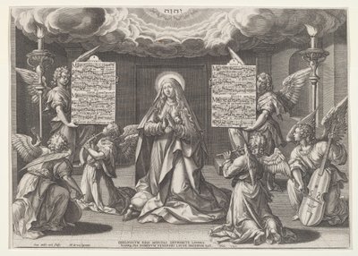 Magnificat: Jomfruen omgivet af musikskabende engle, 1585. af Johann Sadeler I