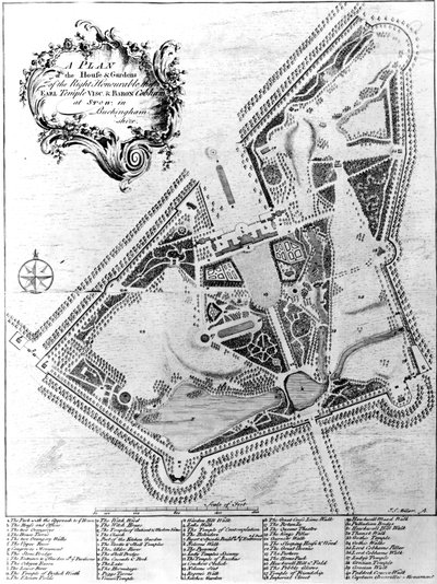 En plan for huset og haverne i Stowe, Buckinghamshire af Johann Sebastien Muller