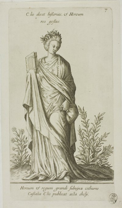 Clio, historiens muse, plade 7 fra Parnassus Biceps af Johann Theodor de Bry