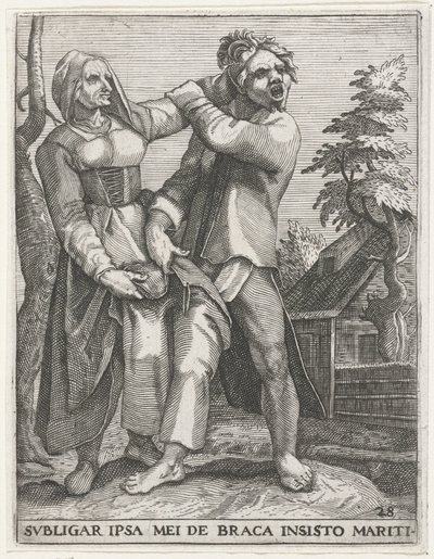 Strijd om de broek JEG VIL BINDE MIG PÅ MIN MANDS INSISTERENDE BUKSER (titel på objekt) Secular Emblems, 1596 (serietitel) af Johann Theodor de Bry