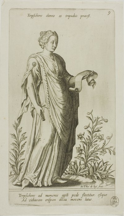 Terpsichore, Muse of Dance, plade 9 fra Parnassus Biceps af Johann Theodor de Bry