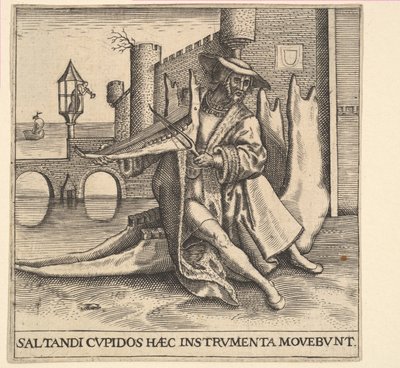 Den rige mand spiller violin på et kæbeben. af Johann Theodor de Bry