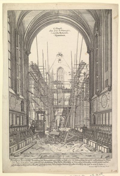 Udsigt over Franciskanerkirken i Nürnberg under genopbygning, fra serien V....n.d. af Johann Ulrich Kraus