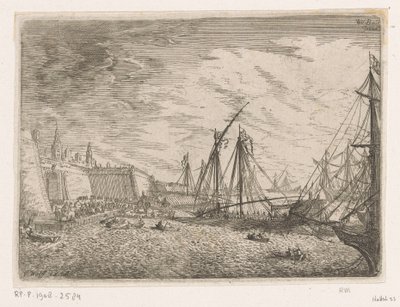 Havneudsigt med sejlskibe og kabysser foran en bymur Havneudsigt (serietitel) af Johann Wilhelm Baur