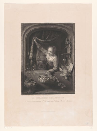 Kvinde med kurv med frugter i hånden ved vinduet La menagerè Hollandaise (titel på objekt) af Johann Wilhelm Kaiser (I)