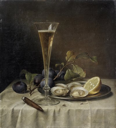 Stilleben med champagne og østers, 1857. af Johann Wilhelm Preyer