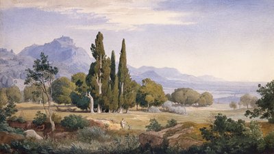 Et arkadisk landskab (blyant og akvarel) af Johann Wilhelm Schirmer