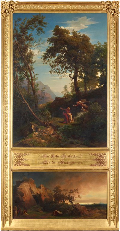 Ofrets af Isak (øverst). Abrahams sorg over Sara (nederst). Fra serien »Tolv bibelske landskaber med Abrahams historie« af Johann Wilhelm Schirmer