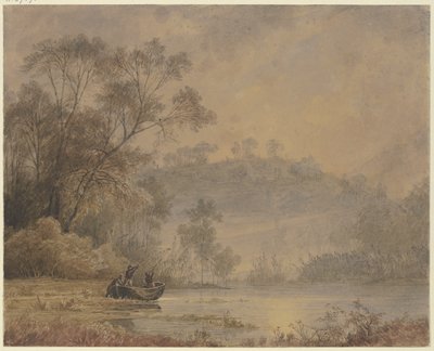 Waldsee, hvorfra en båd med tre mænd lægger fra land af Johann Wilhelm Schirmer