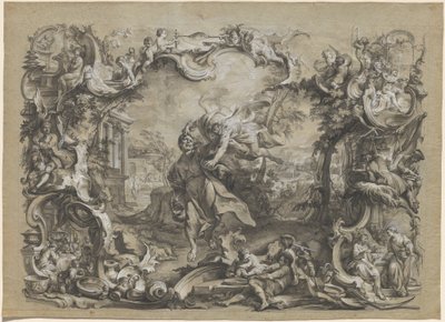 Englen, der bærer Habakkuk i sit hår, omgivet af en kunstfærdig rokokoramme af Johann Wolfgang Baumgartner