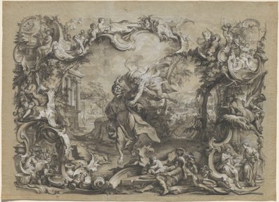 Englen, der bærer Habakkuk i håret, omgivet af en kunstfærdig rokokoramme, ca. 1750 (tuschtegning) af Johann Wolfgang Baumgartner