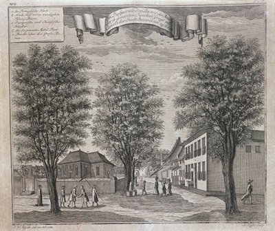 Den portugisiske kirke og kinesiske og europæiske huse i en gade i Batavia, fra en række udsigter over Batavia 