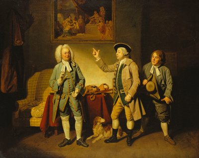 En scene fra "Love in a Village" af Isaac Bickerstaffe, Act 1, Scene 2, med Edward Shuter som Justice Woodcock, John Beard som Hawthorn og John Dunstall som Hodge, af Johan Joseph Zoffany