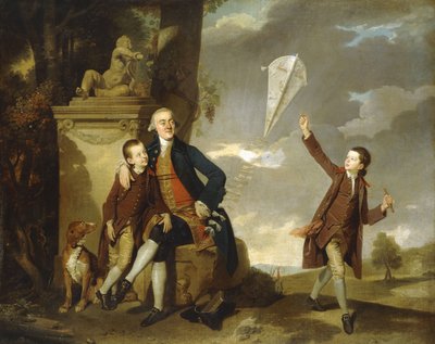 Gruppeportræt af George Fitzgerald med sine sønner George, set flyve med en drage, og Charles. Johan Zoffany af Johan Joseph Zoffany