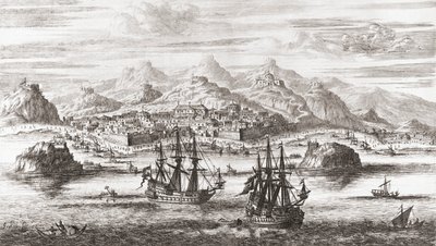 Hollandske skibe foran Muscat, Oman i det 17. århundrede (tryk) af Johannes (after) Kip