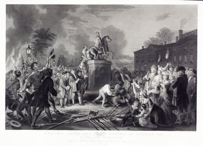 Nedtrækning af statuen af George III af Sons of Freedom, på Bowling Green, City of New York, juli 1776, pub. 1875 af Johannes Adam Simon after Oertel