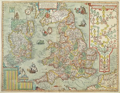 Kort over England og Irland tegnet i 1606 (farvet indgravering) af Johannes Baptista Vrints