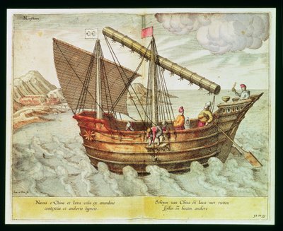 En kinesisk junk, illustration fra "Jan Huyghen van Linschoten, His Discourse of Voyages into the East and West Indies", 1579-92 (gravering) af Johannes Baptista van Doetechum the Younger