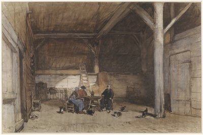 Bondeinteriør med to mænd og en kvinde ved et bord, desuden nogle høns og katte af Johannes Bosboom