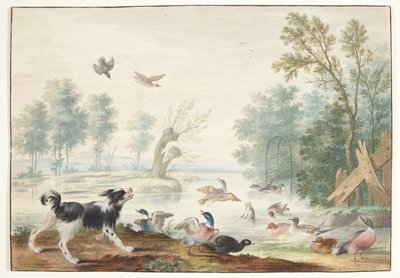 En hund og ænder ved sø af Johannes Bronckhorst