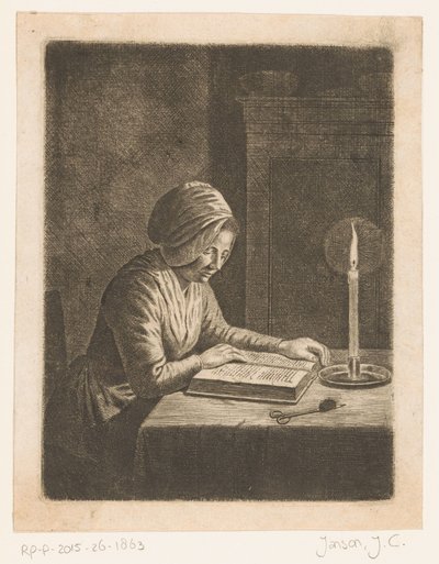 Mørkt værelse med kvinde, der læser af Johannes Christiaan Janson