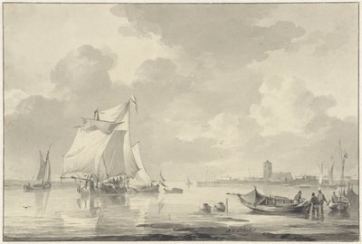 Flodudsigt med nogle skibe, i baggrunden en by i det fjerne af Johannes Christiaan Schotel