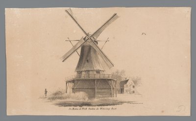 Udsigt over vindmøllen De Vink uden for Weteringpoort Windmill de Vink uden for Wetering Poort (titel på objekt) af Johannes Cornelis van Pappelendam